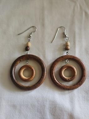 Handcrafted Brown Wooden Hoop Drop Earrings